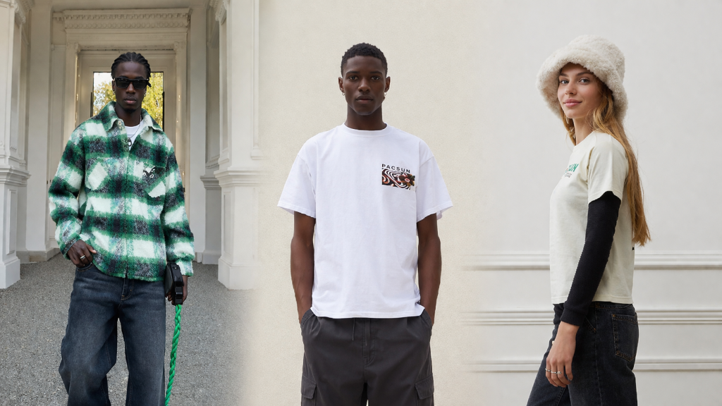 Young adults wearing trendy street clothes from PacSun, illustrating the oversized and relaxed fit fashion trend for 2026