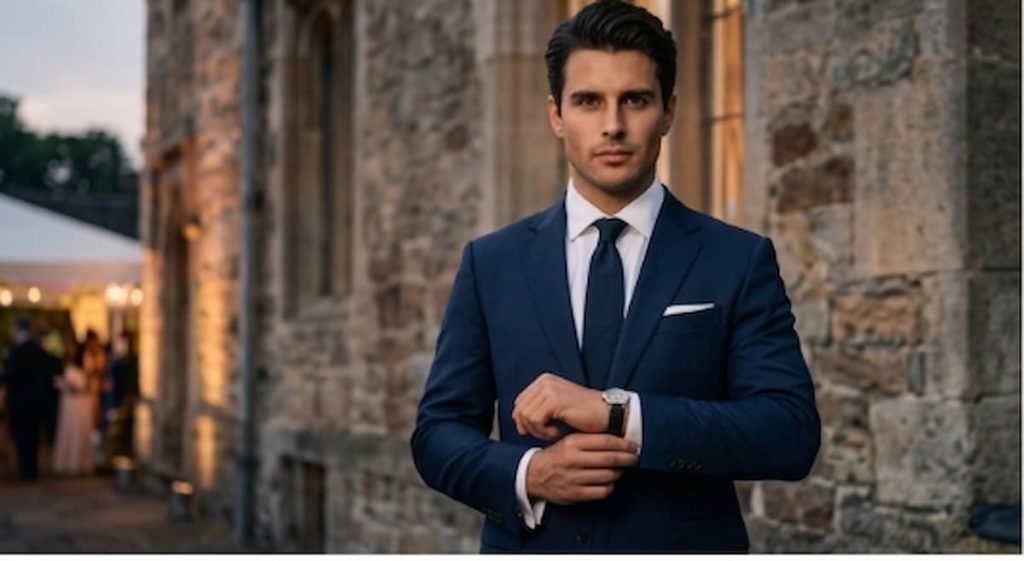 Sophisticated Pako Lorente navy suit for men, styled for an outdoor evening cocktail reception or wedding.
