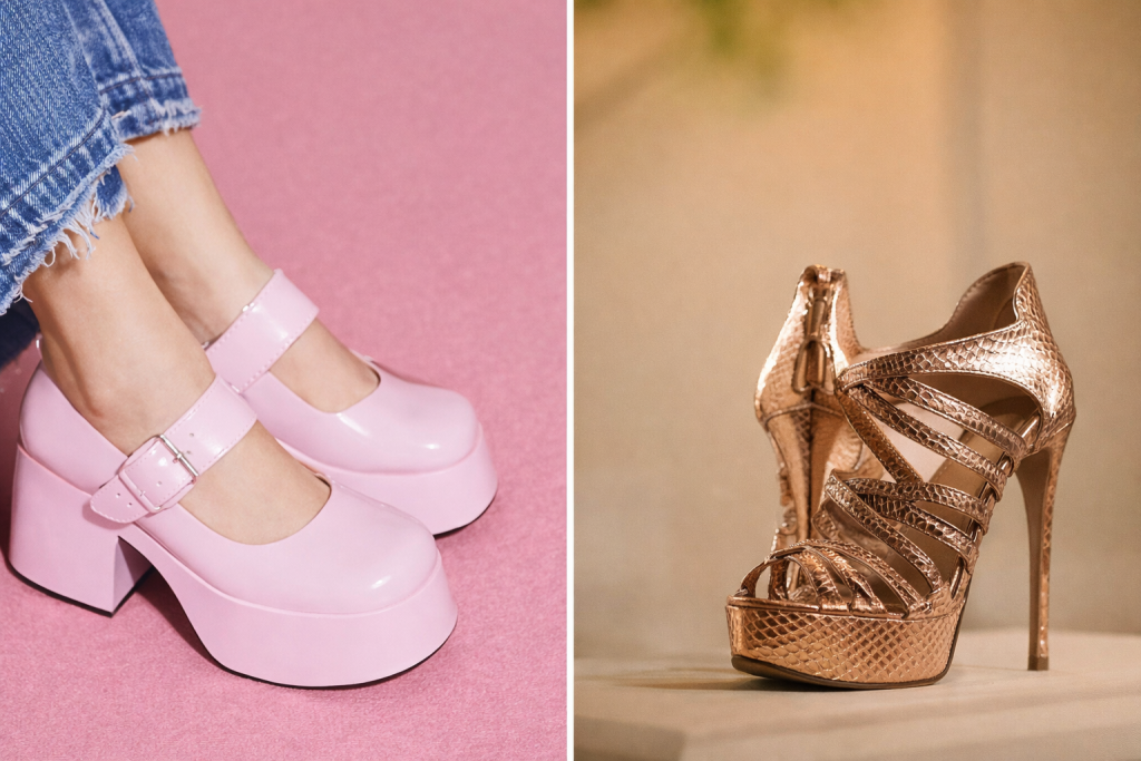 Steve Madden pink platform Mary Janes and rose gold snakeskin stiletto heels showcasing bold statement shoe trends for 2026