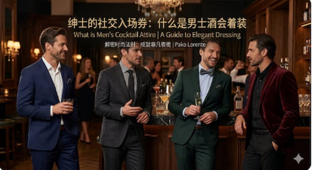 Four men in colorful tailored suits—navy blue, charcoal, forest green, and burgundy velvet—socializing at a luxurious bar. Text overlay: What is Men’s Cocktail Attire by Pako Lorente