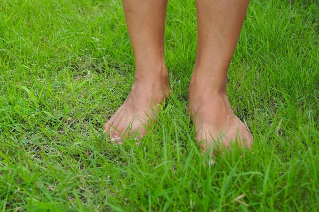 Bare feet standing on green grass symbolizing natural movement, grounding, and the connection between barefoot shoes and nature.