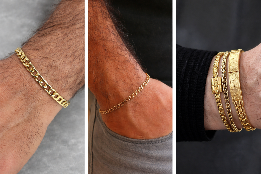 Different styles of gold bracelets for men including classic curb chains, minimalist thin chains, and a luxury statement stack.