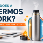 Diagram of a thermos flask showing the double-wall vacuum insulation and heat reflection process.