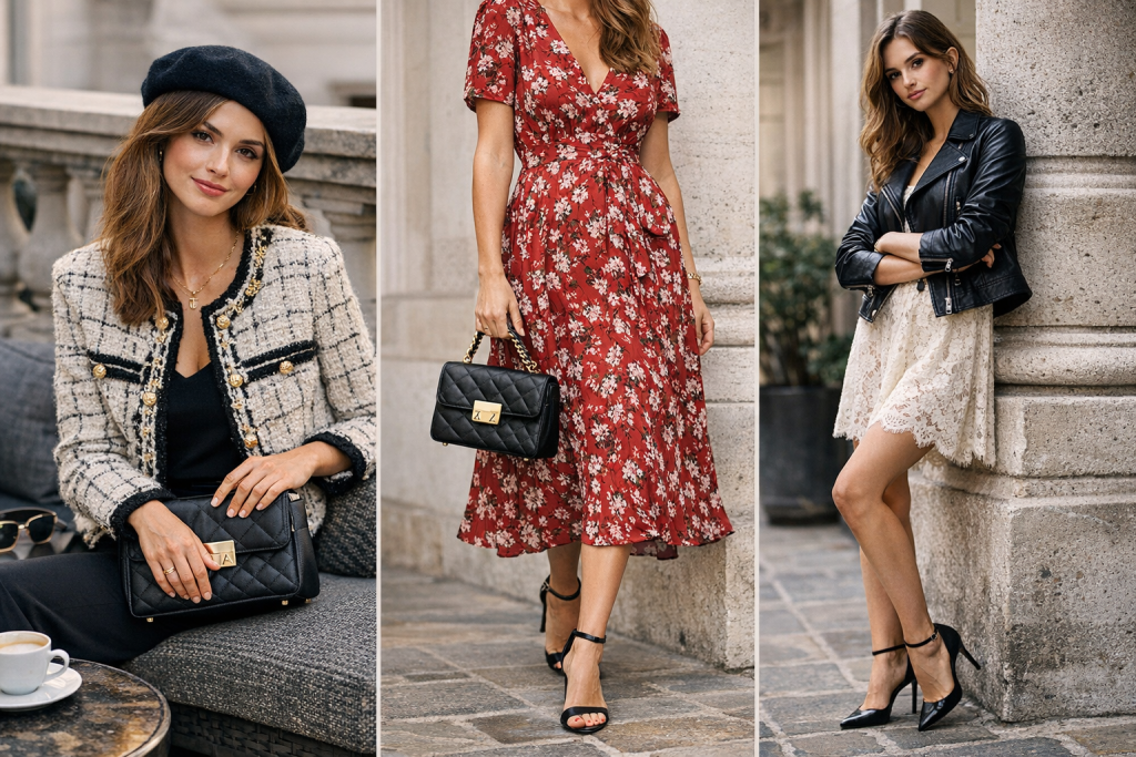 Collage of Sandro Paris 2026 collection featuring a classic tweed jacket, a red floral wrap dress with a quilted handbag, and a lace mini dress with a leather jacket