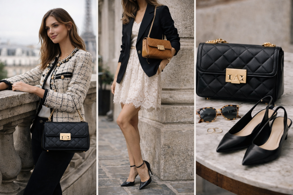 Showcase of Sandro Paris YZA quilted handbags in black and caramel, styled with a tweed blazer and lace dress for a premium Parisian chic look.