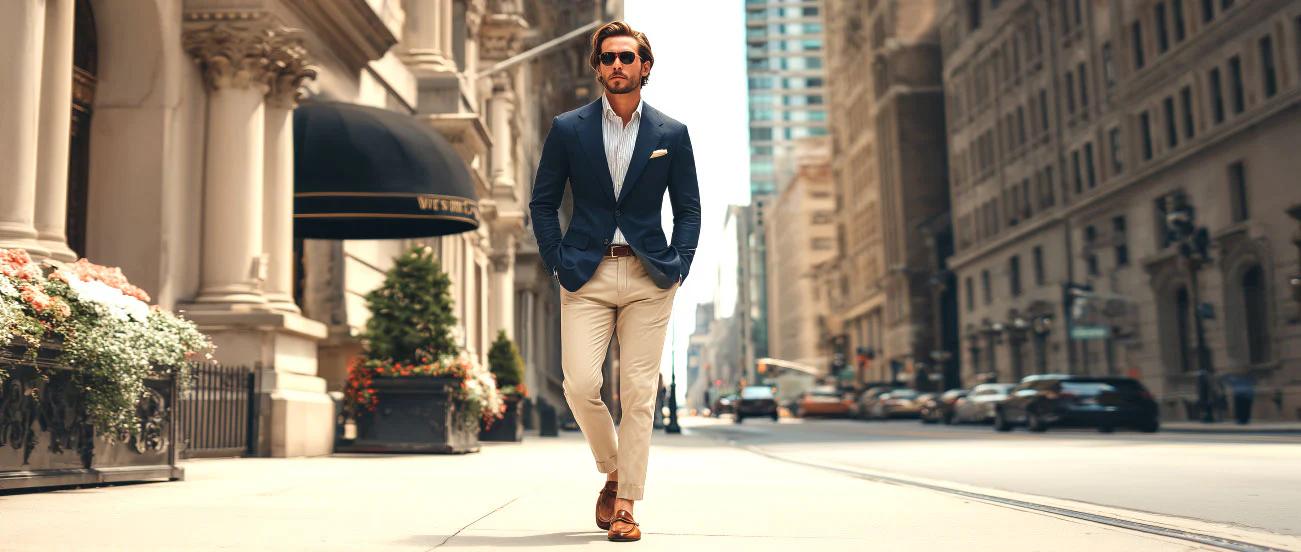 Spier and Mackay navy blazer and khaki trousers street style for a classic menswear review