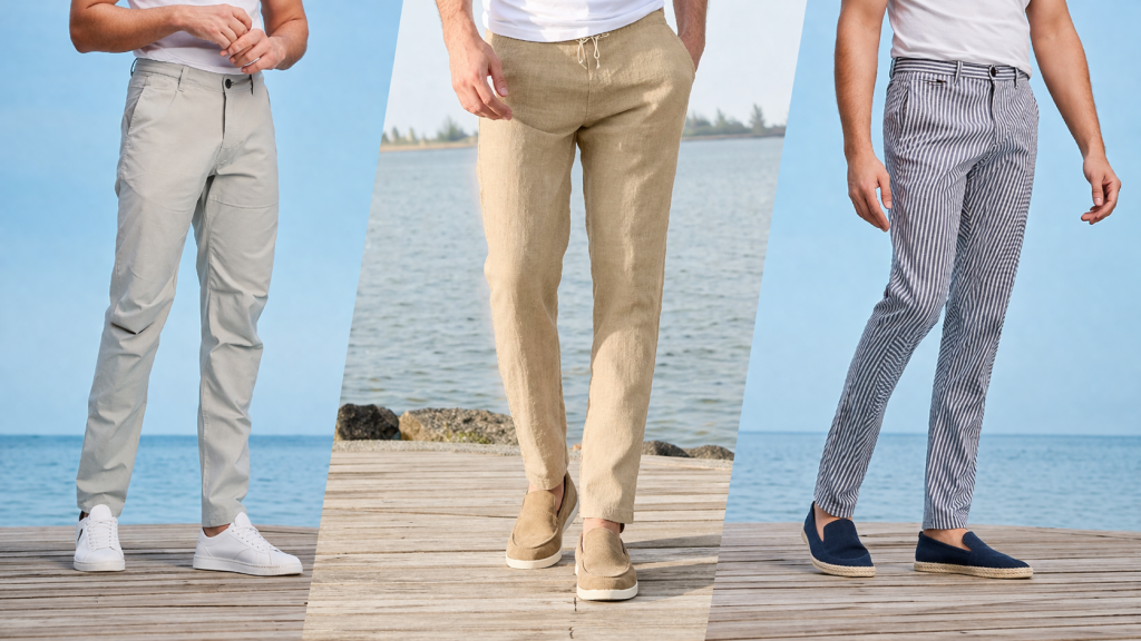 34 Heritage summer trousers for men featuring Coolmax khaki pants, linen fabrics, and seersucker patterns