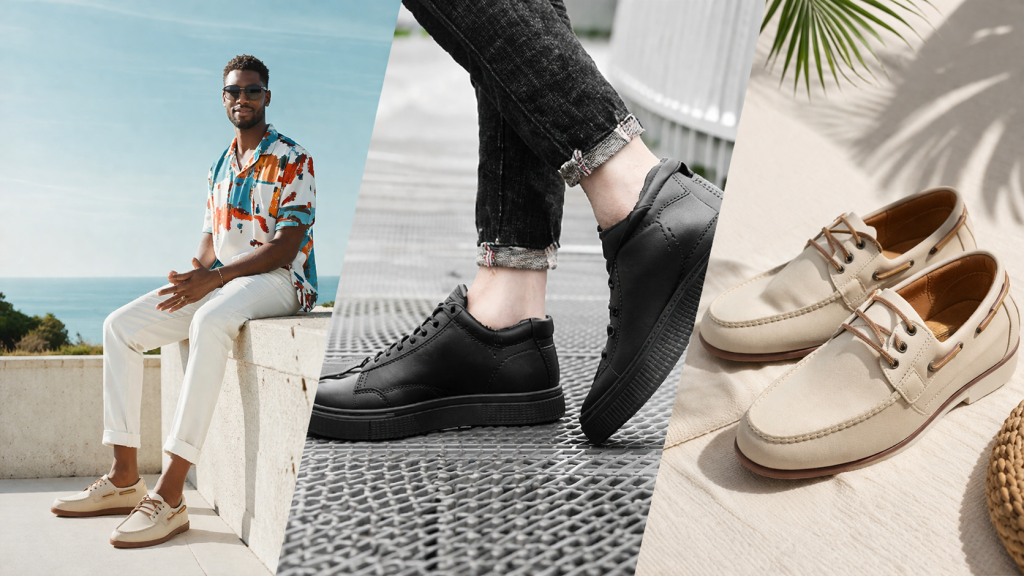 Men's casual summer style featuring Allen Edmonds boat shoes and breathable sneakers for vacation