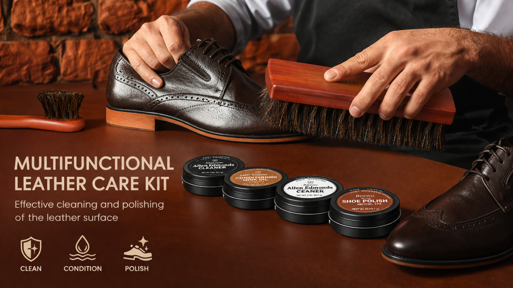Allen Edmonds multifunctional leather care kit with brushes and shoe polish for dress shoes