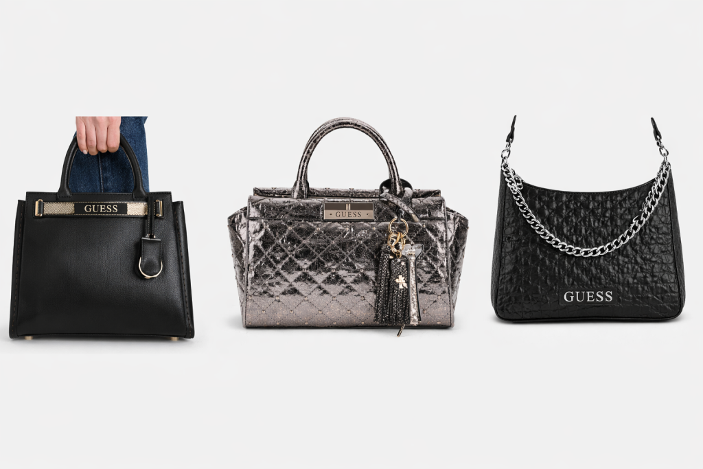 Collection of GUESS luxury handbags featuring signature logo hardware and metallic detailing for a modern lifestyle fashion review