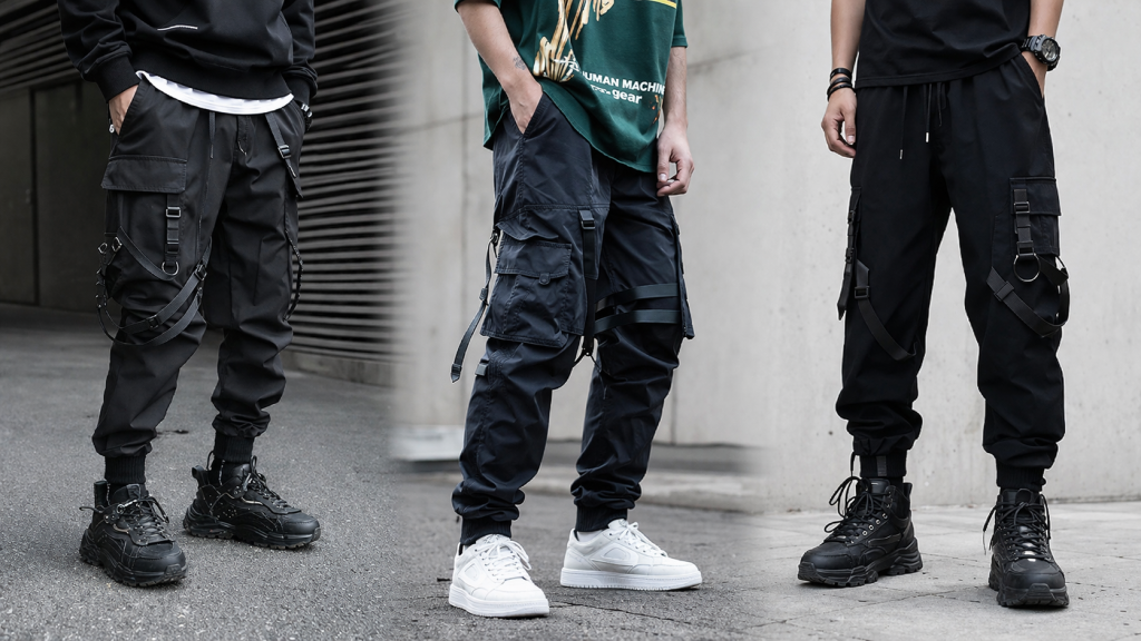 Three views of modern black Techwear cargo pants with multiple pockets and straps, illustrating functional street style fashion for men