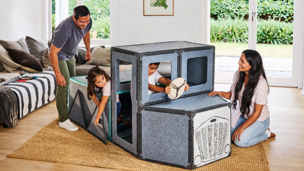 Happy family playing with Superspace modular magnetic play sofa in living room