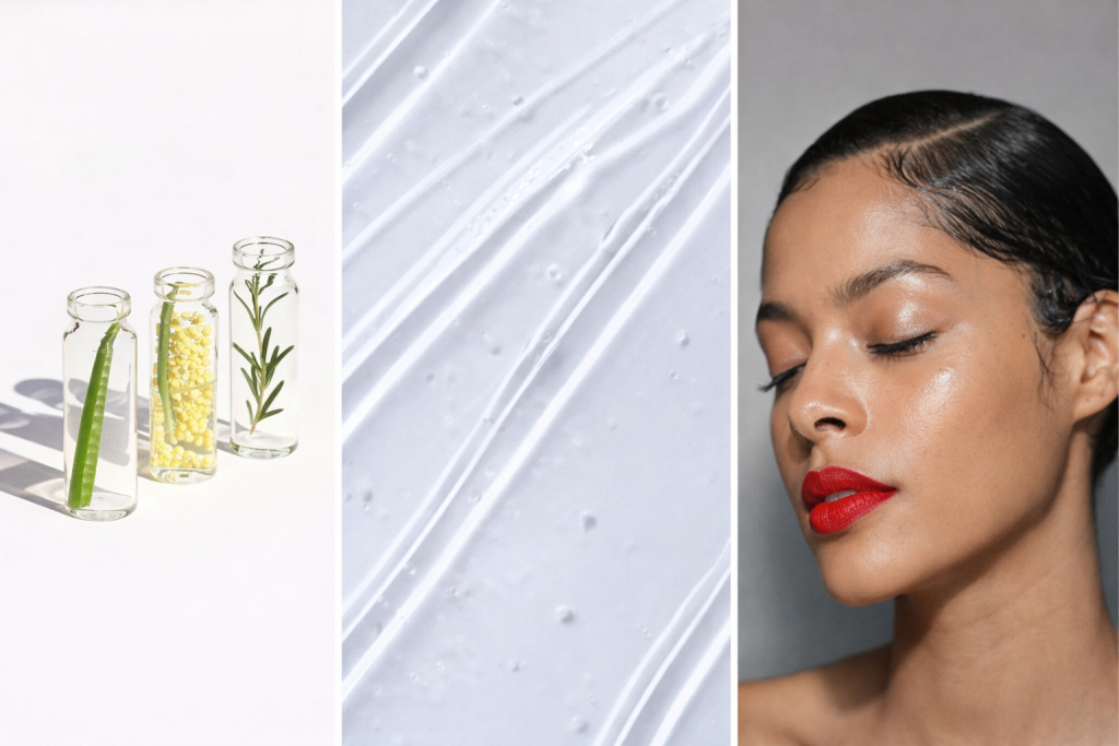 Fenty Beauty lip luminizer and eye makeup on a textured background with natural ingredients for a skin-friendly makeup look